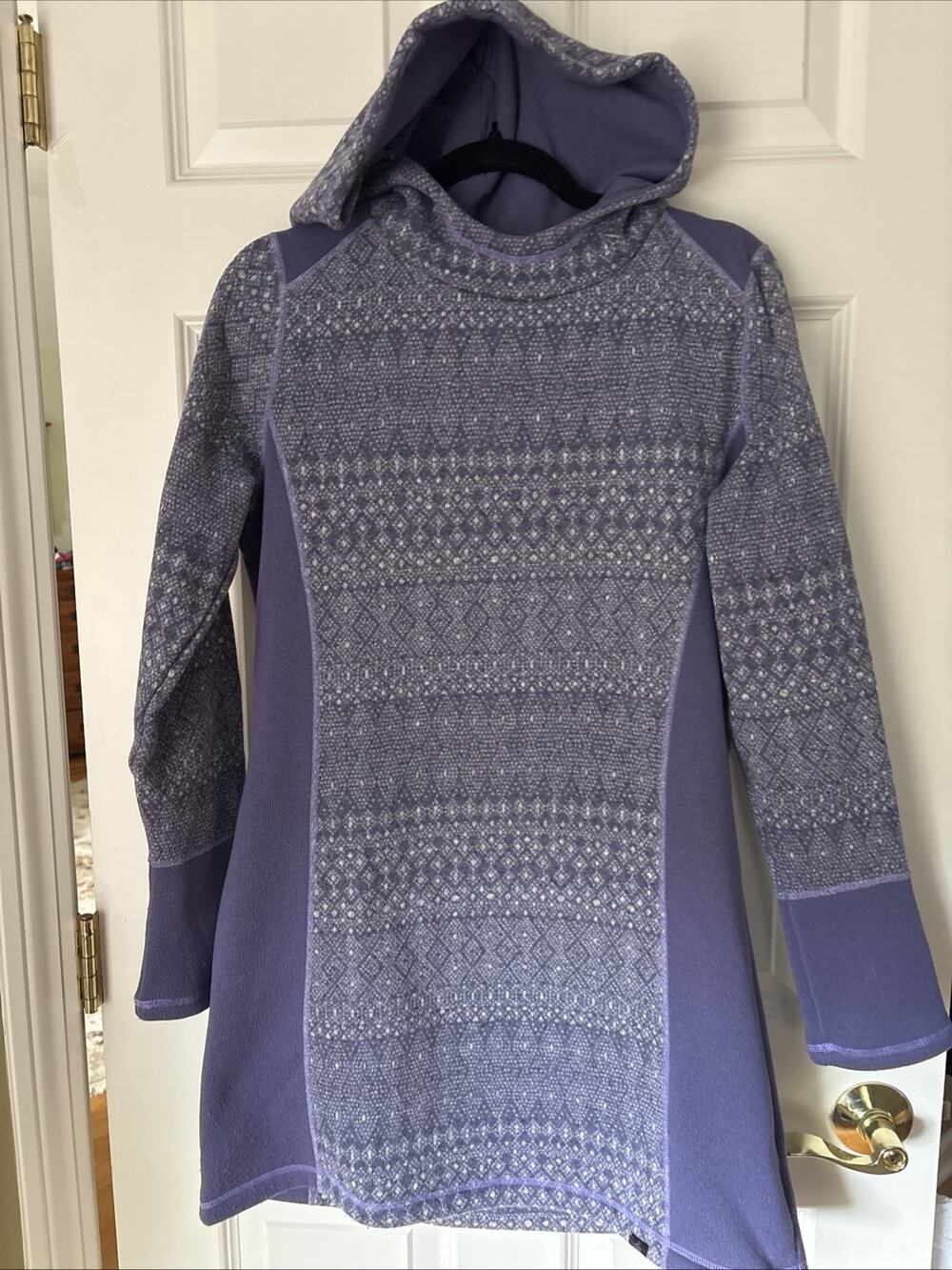Prana Fairisle solid Fleece Hooded knit Dress Purple Size L long sleeve
